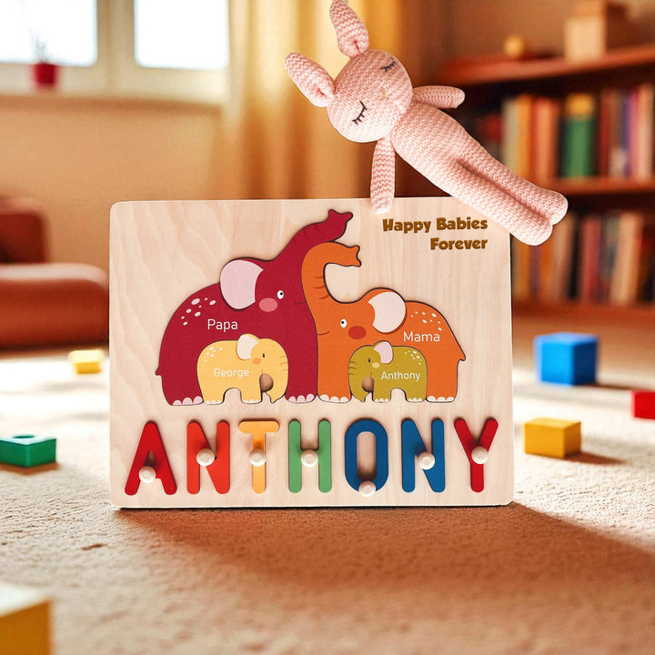 Personalized Wooden Baby Name Puzzle with Family Elephants – Customizable Montessori Toy