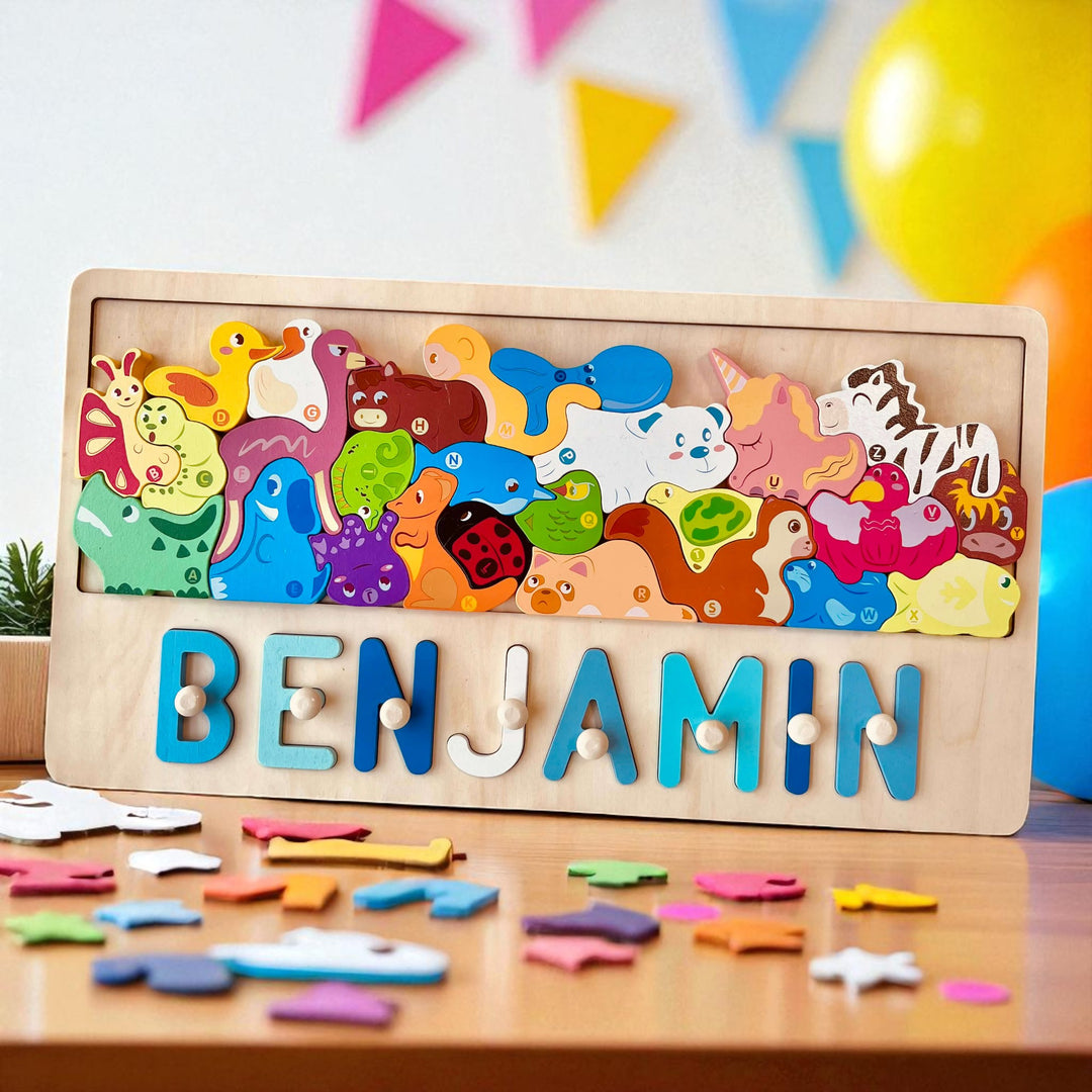Personalized Wooden Animal Stacking Name Puzzle for Kids – Custom Educational Toy with Safe Eco-Friendly Basswood