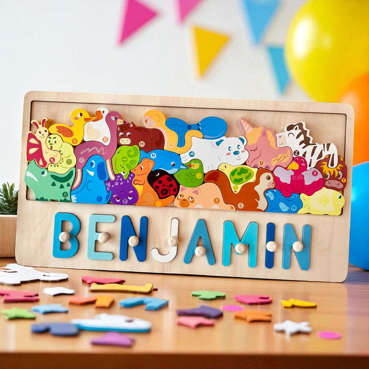 Personalized Wooden Animal Stacking Name Puzzle for Kids – Custom Educational Toy with Safe Eco-Friendly Basswood