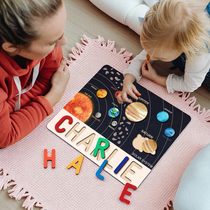 Personalized Wooden Solar System Name Puzzle for Kids – Custom Educational Toy with Planets & Space-themed Illustrations