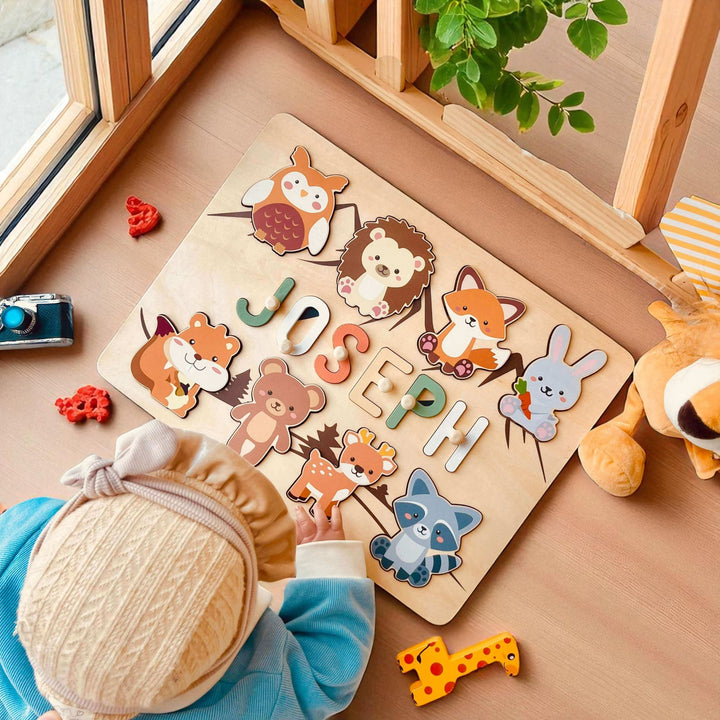 Personalized Wooden Baby Name Puzzle with Forest Animals - Custom Educational Toddler Toy  2.