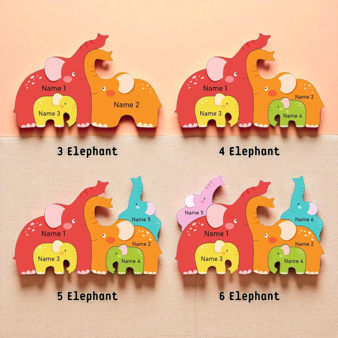 Personalized Wooden Baby Name Puzzle with Family Elephants – Customizable Montessori Toy