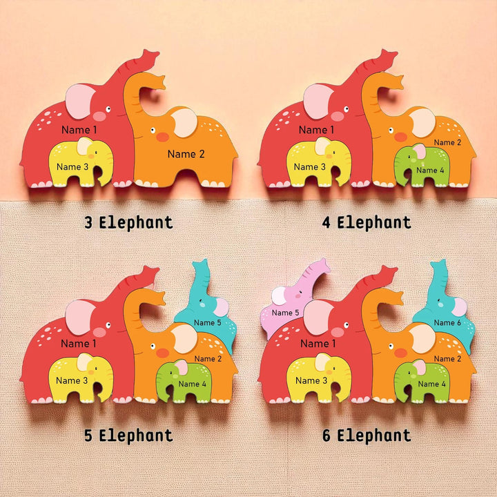 Personalized Wooden Baby Name Puzzle with Family Elephants – Customizable Montessori Toy