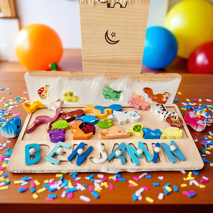 Personalized Wooden Animal Stacking Name Puzzle for Kids – Custom Educational Toy with Safe Eco-Friendly Basswood