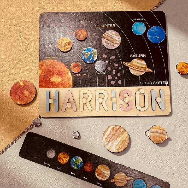 Personalized Wooden Solar System Name Puzzle for Kids – Custom Educational Toy with Planets & Space-themed Illustrations