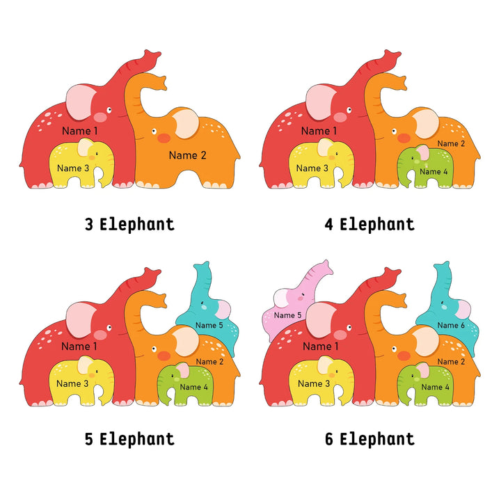 Personalized Wooden Baby Name Puzzle with Family Elephants – Customizable Montessori Toy