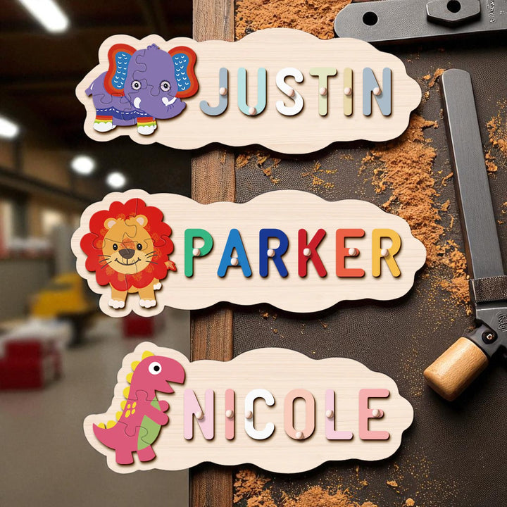 Personalized Wooden Baby Name Puzzle with Animal Shapes – Custom Toddler Educational Toy