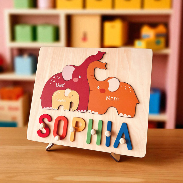 Personalized Wooden Baby Name Puzzle with Family Elephants – Customizable Montessori Toy