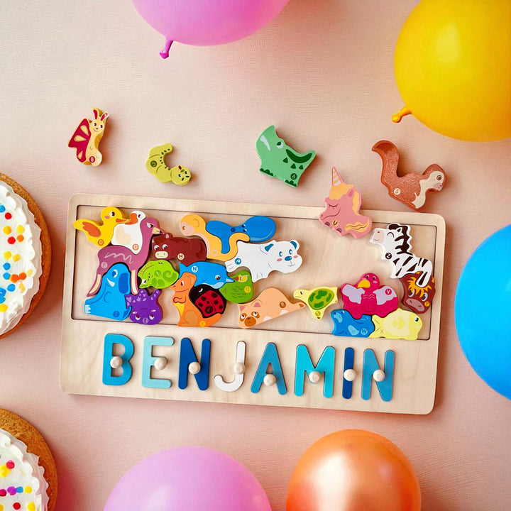 Personalized Wooden Animal Stacking Name Puzzle for Kids – Custom Educational Toy with Safe Eco-Friendly Basswood