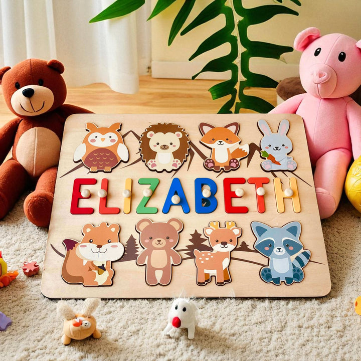 Personalized Wooden Baby Name Puzzle with Forest Animals - Custom Educational Toddler Toy  2.