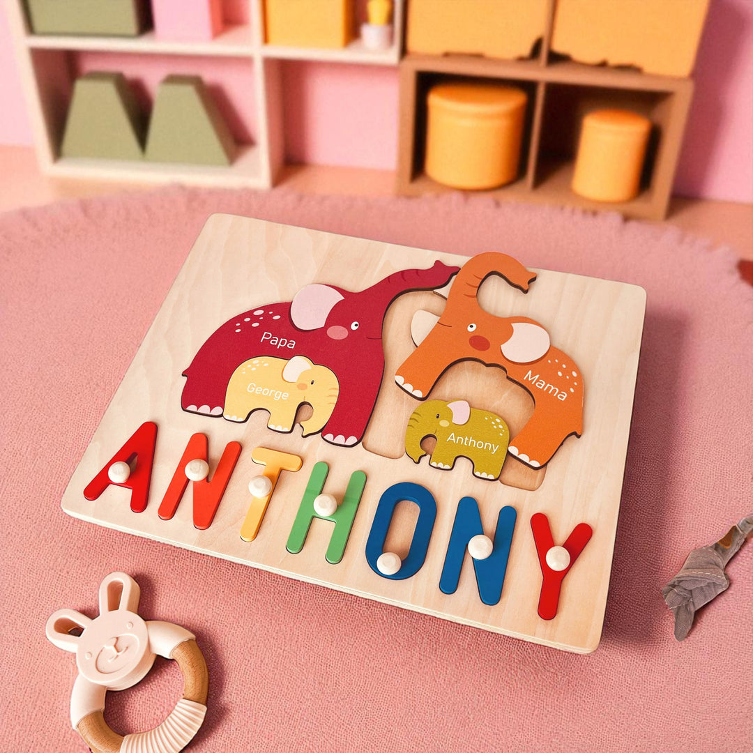 Personalized Wooden Baby Name Puzzle with Family Elephants – Customizable Montessori Toy