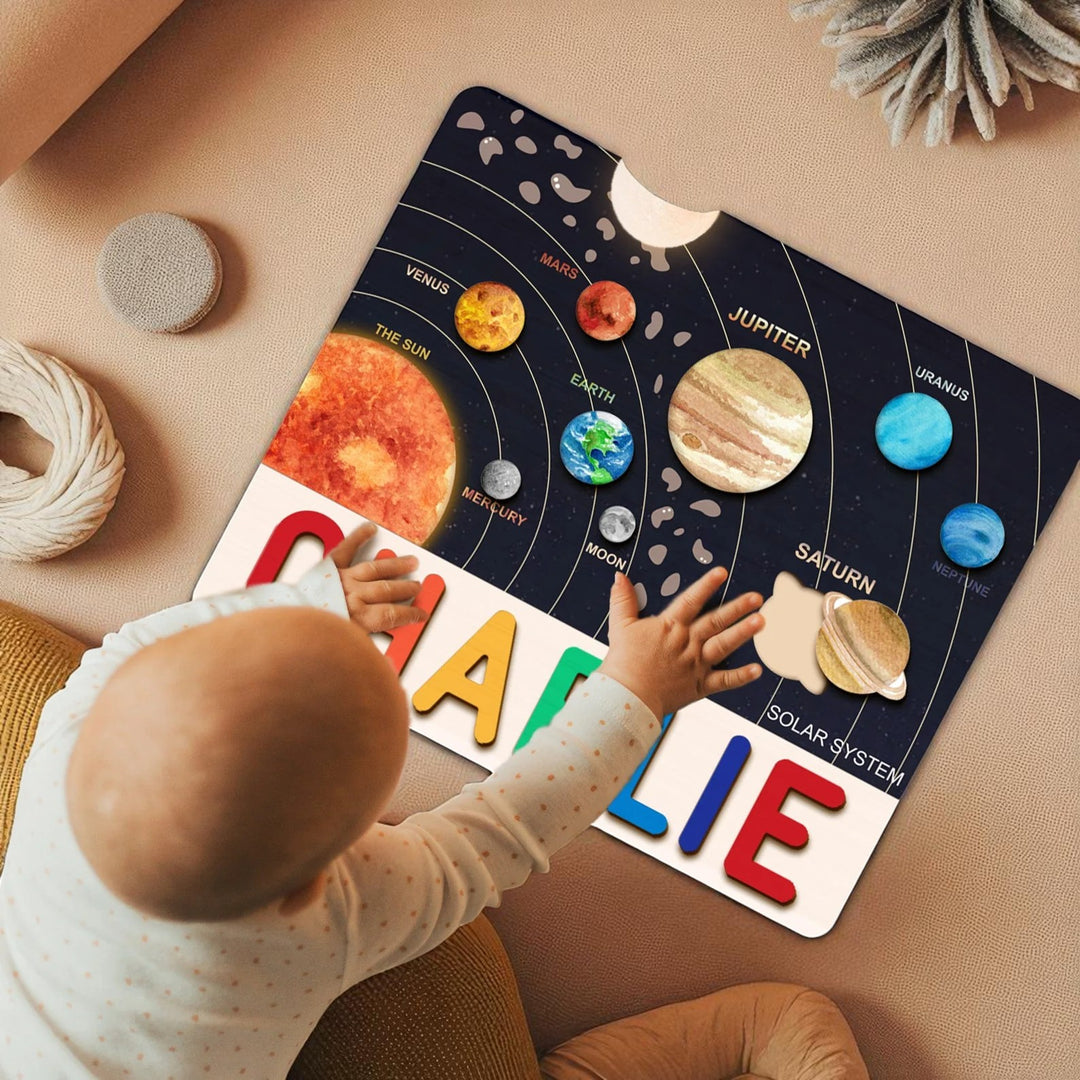Personalized Wooden Solar System Name Puzzle for Kids – Custom Educational Toy with Planets & Space-themed Illustrations