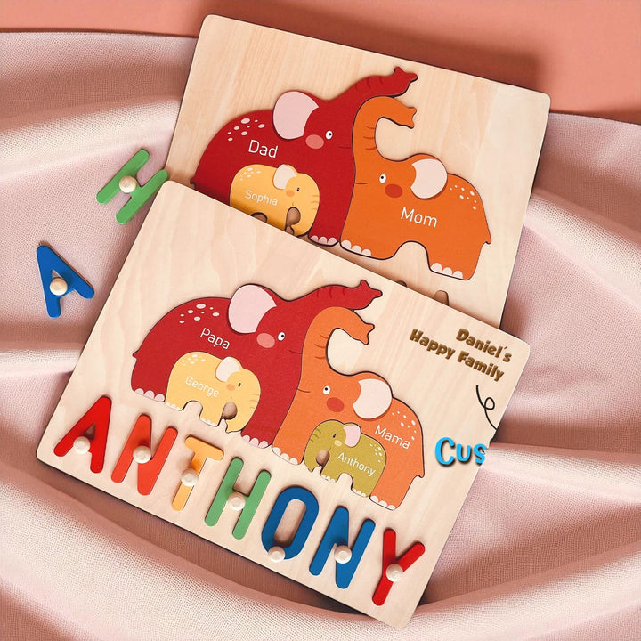 Personalized Wooden Baby Name Puzzle with Family Elephants – Customizable Montessori Toy