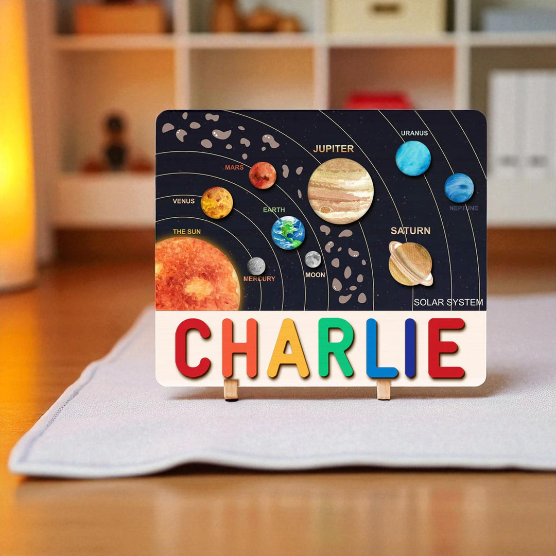 Personalized Wooden Solar System Name Puzzle for Kids – Custom Educational Toy with Planets & Space-themed Illustrations