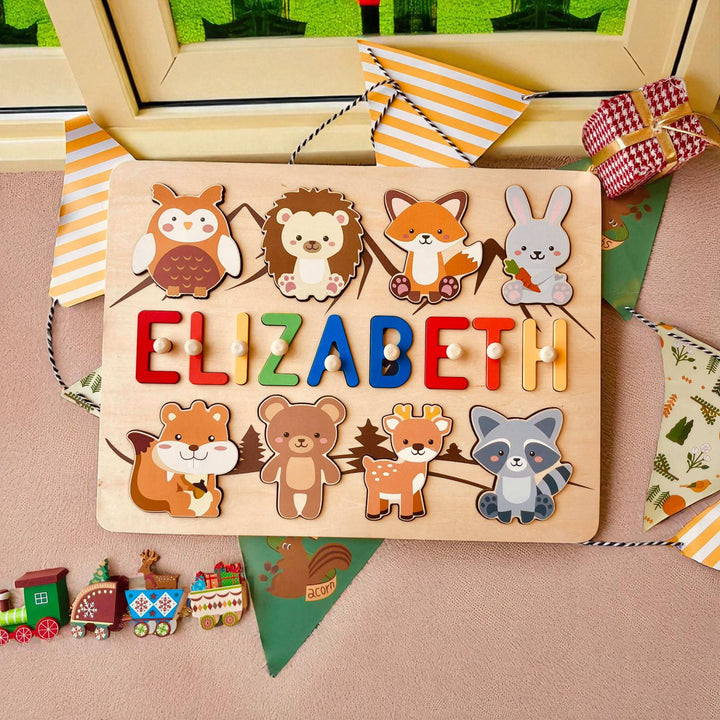 Personalized Wooden Baby Name Puzzle with Forest Animals - Custom Educational Toddler Toy  2.