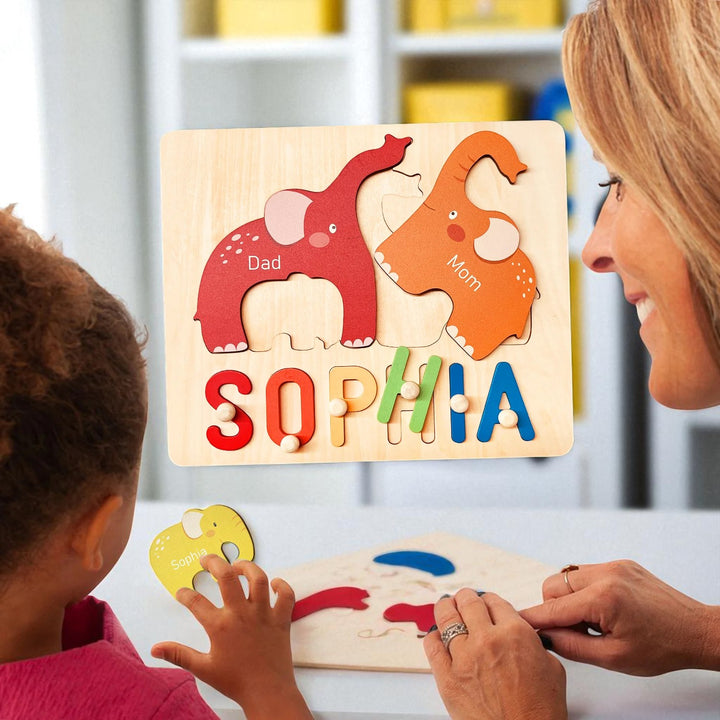 Personalized Wooden Baby Name Puzzle with Family Elephants – Customizable Montessori Toy