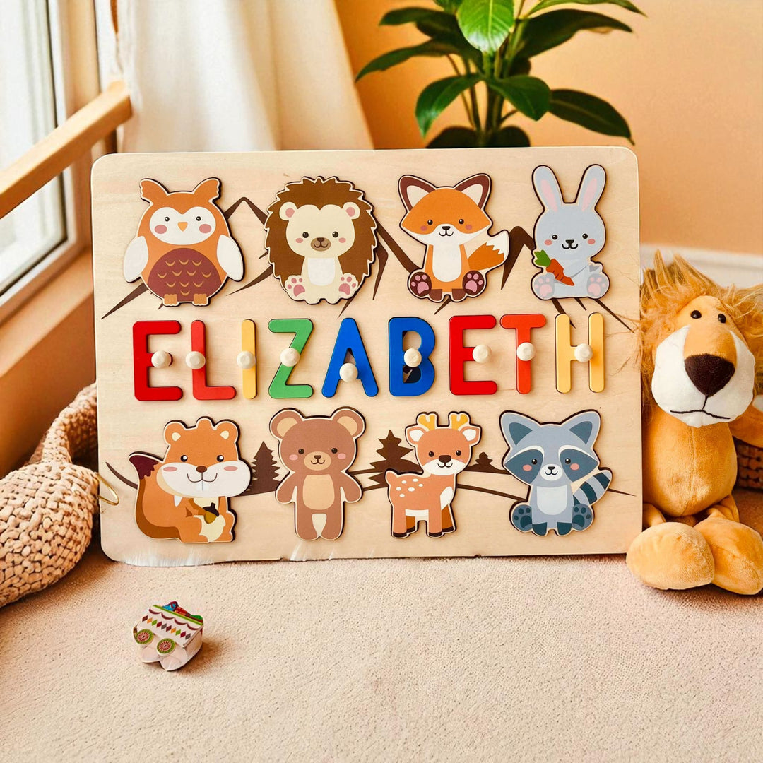Personalized Wooden Baby Name Puzzle with Forest Animals - Custom Educational Toddler Toy  2.