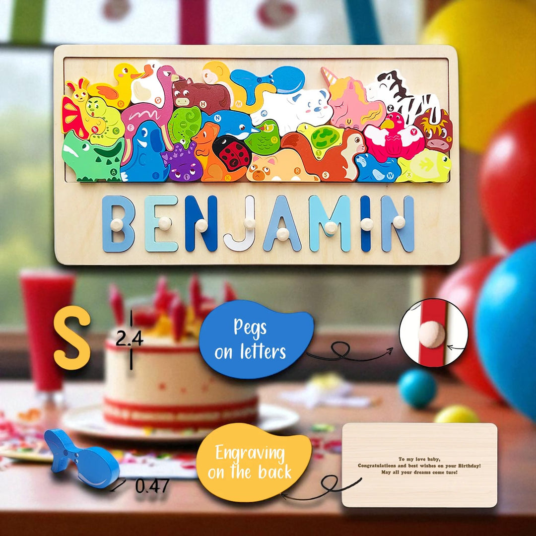 Personalized Wooden Animal Stacking Name Puzzle for Kids – Custom Educational Toy with Safe Eco-Friendly Basswood