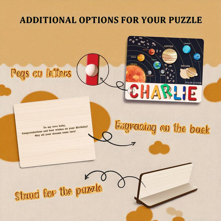 Personalized Wooden Solar System Name Puzzle for Kids – Custom Educational Toy with Planets & Space-themed Illustrations