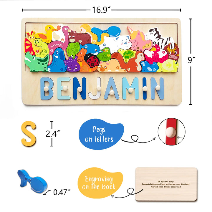 Personalized Wooden Animal Stacking Name Puzzle for Kids – Custom Educational Toy with Safe Eco-Friendly Basswood