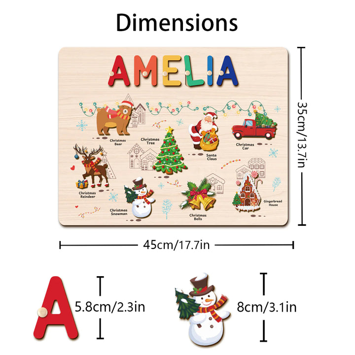 Personalized Wooden Christmas Name Puzzle for Kids – Custom Holiday Educational Gift with Santa, Reindeer & Snowman
