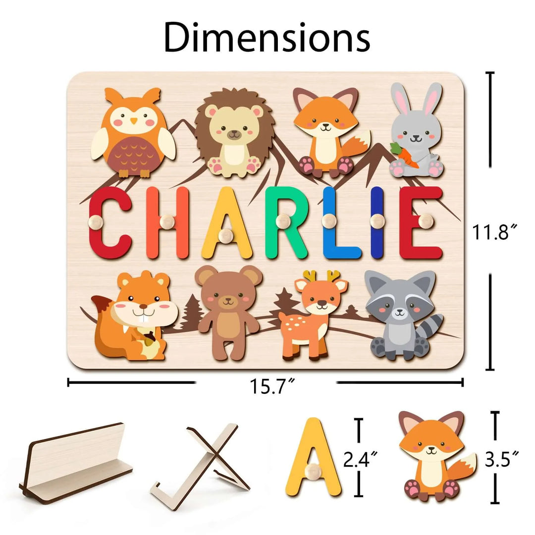 Personalized Wooden Baby Name Puzzle with Forest Animals - Custom Educational Toddler Toy  2.