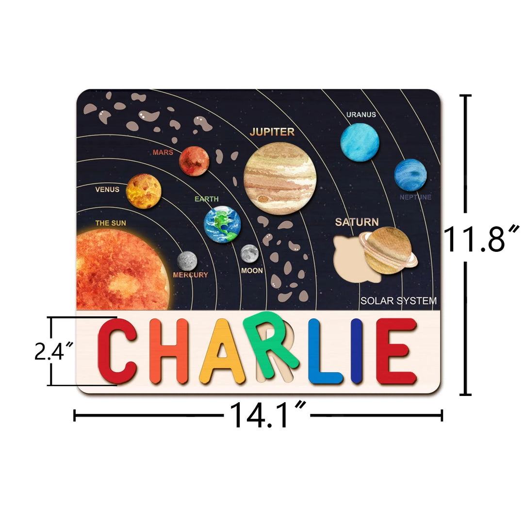 Personalized Wooden Solar System Name Puzzle for Kids – Custom Educational Toy with Planets & Space-themed Illustrations