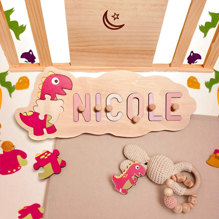 Personalized Wooden Baby Name Puzzle with Animal Shapes – Custom Toddler Educational Toy