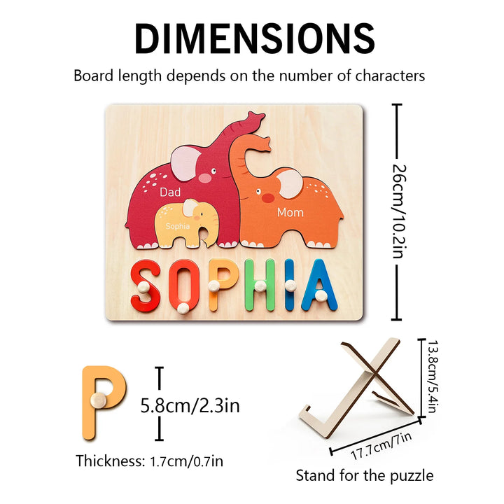 Personalized Wooden Baby Name Puzzle with Family Elephants – Customizable Montessori Toy