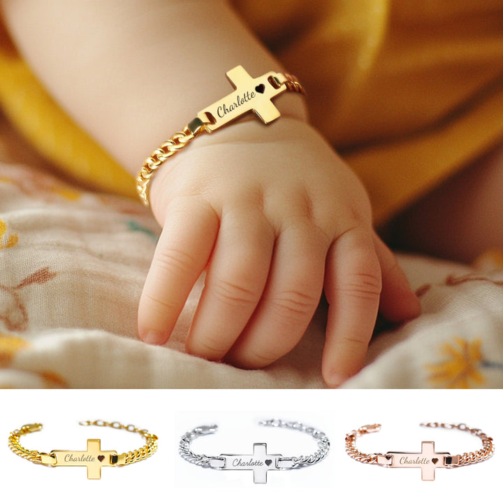 Personalized Children's Cross Name Bracelet – Sterling Silver with Gold Plating