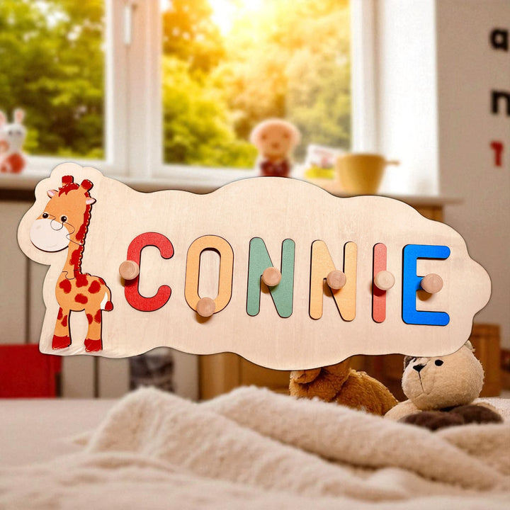 Personalized Wooden Baby Name Puzzle with Animal Shapes – Custom Toddler Educational Toy