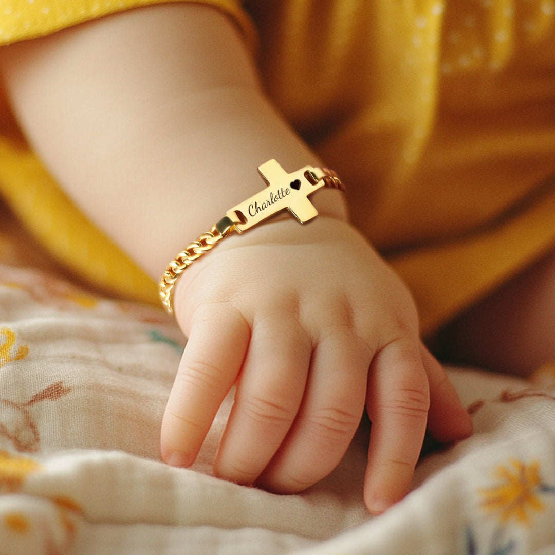 Personalized Children's Cross Name Bracelet – Sterling Silver with Gold Plating