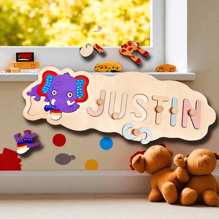 Personalized Wooden Baby Name Puzzle with Animal Shapes – Custom Toddler Educational Toy
