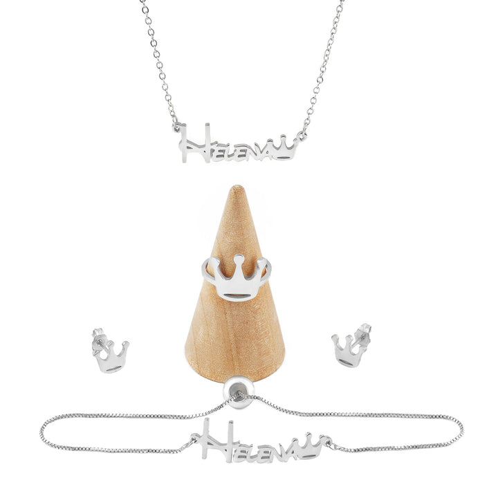 Personalized Crown Jewelry Set for Girls – Sterling Silver Custom Name Bracelet, Necklace, Earrings & Ring
