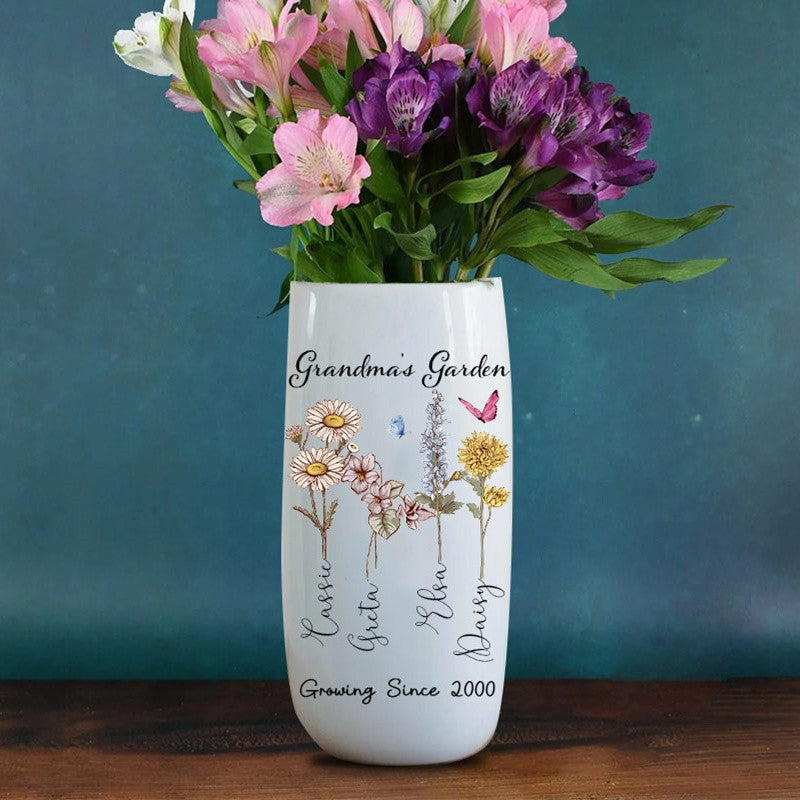 Personalized Birth Month Flower Vase with Kids Name For Grandma Mom