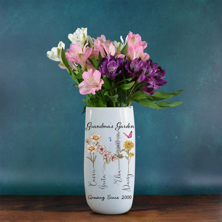 Personalized Birth Month Flower Vase with Kids Name For Grandma Mom