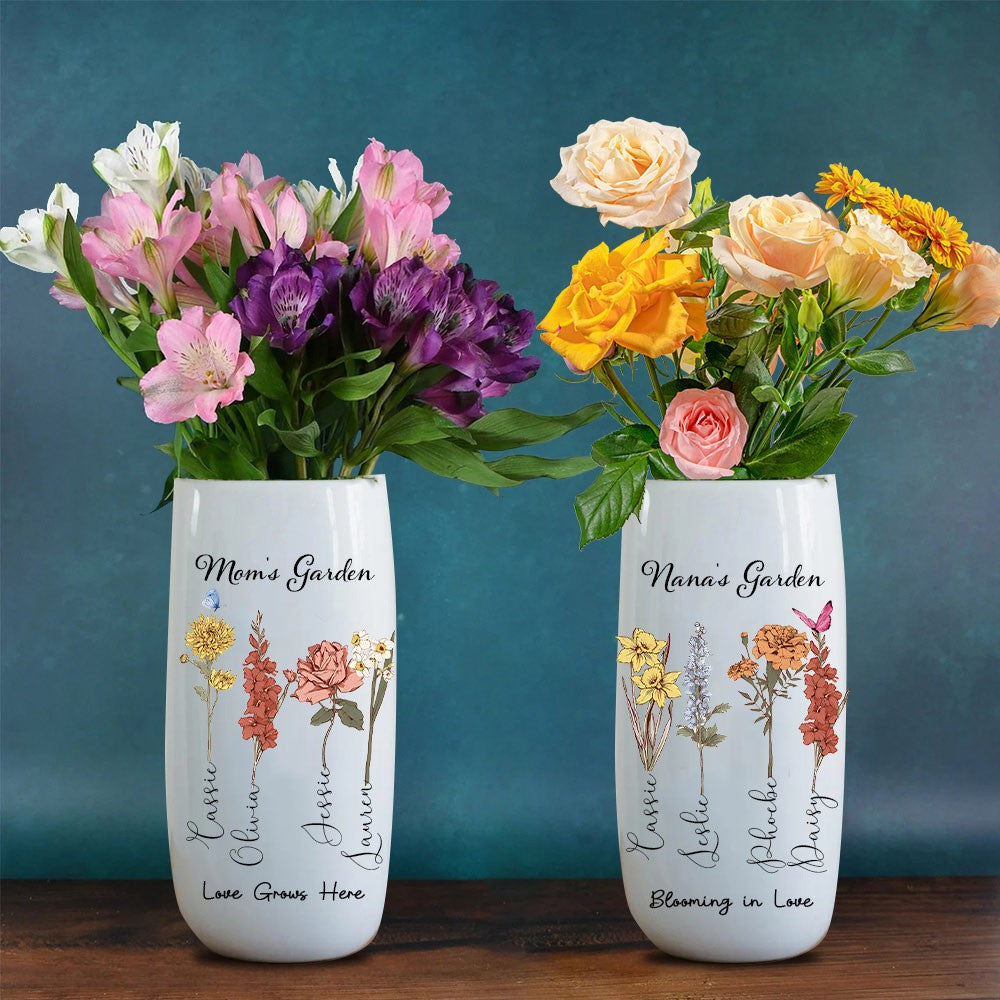 Personalized Birth Month Flower Vase with Kids Name For Grandma Mom