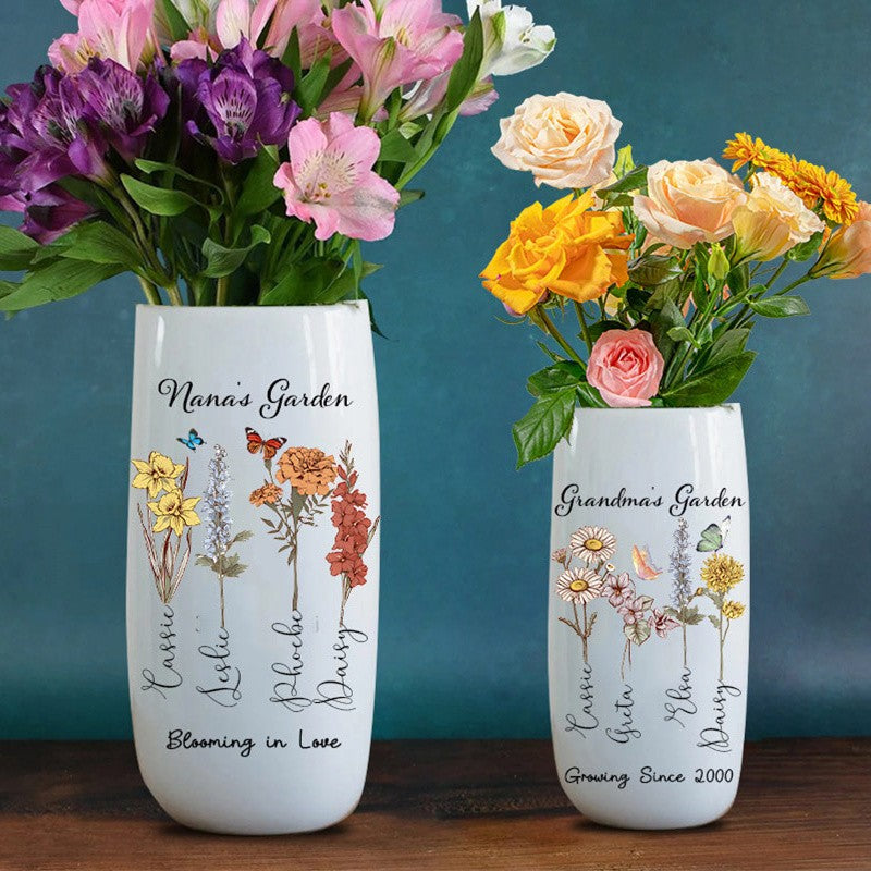 Personalized Birth Month Flower Vase with Kids Name For Grandma Mom