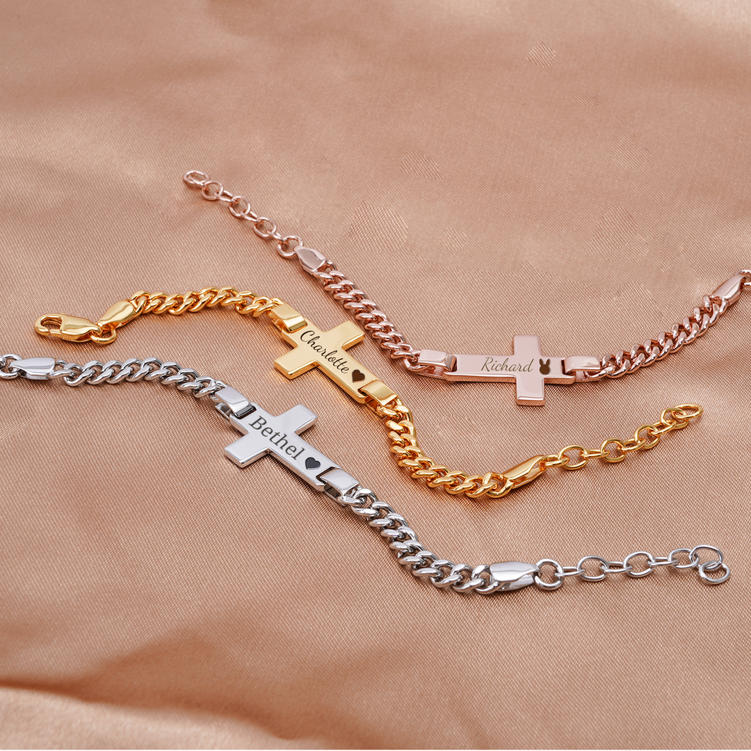 Personalized Children's Cross Name Bracelet – Sterling Silver with Gold Plating