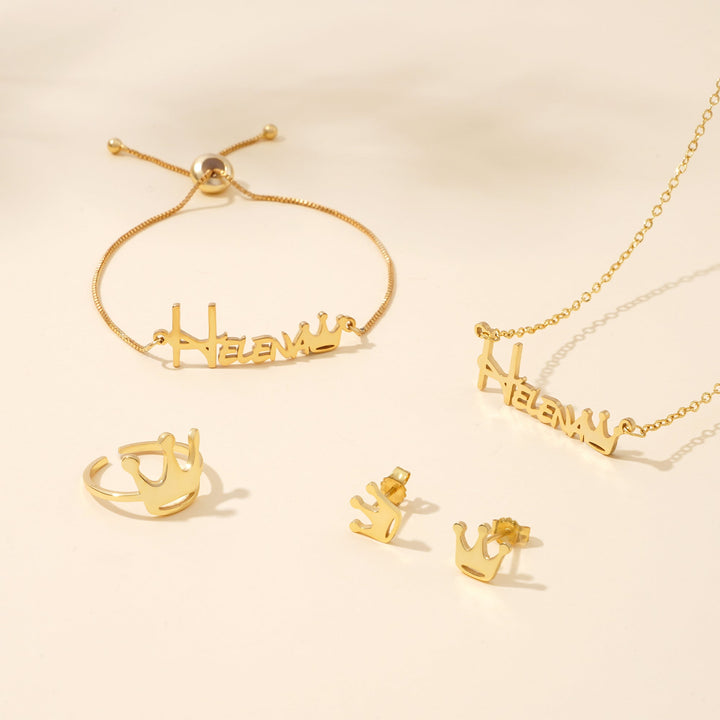 Personalized Crown Jewelry Set for Girls – Sterling Silver Custom Name Bracelet, Necklace, Earrings & Ring