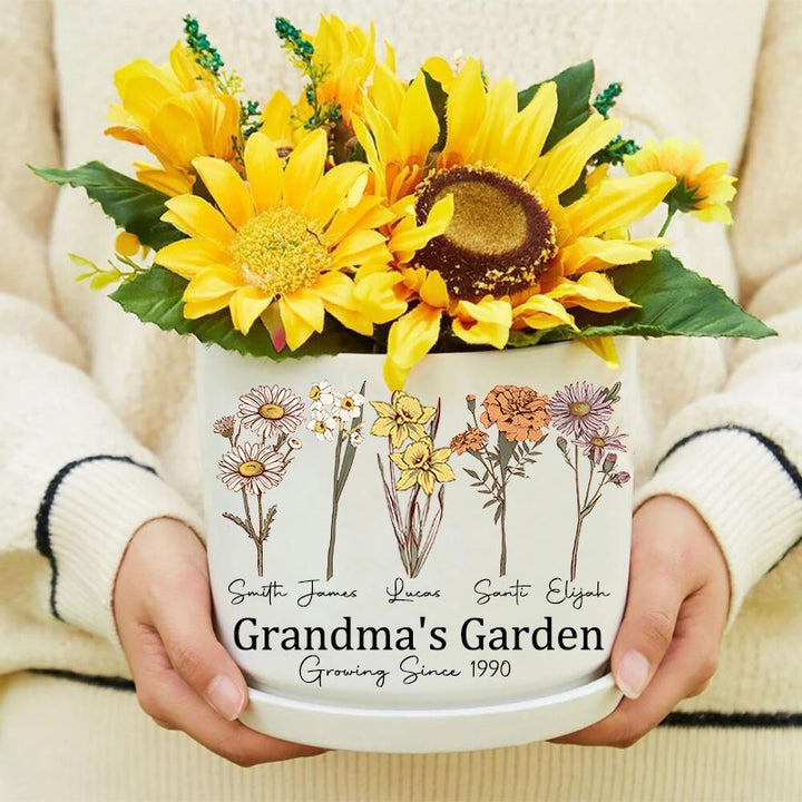 Personalized Grandma's Garden Birth Flower Pot With Kids Name