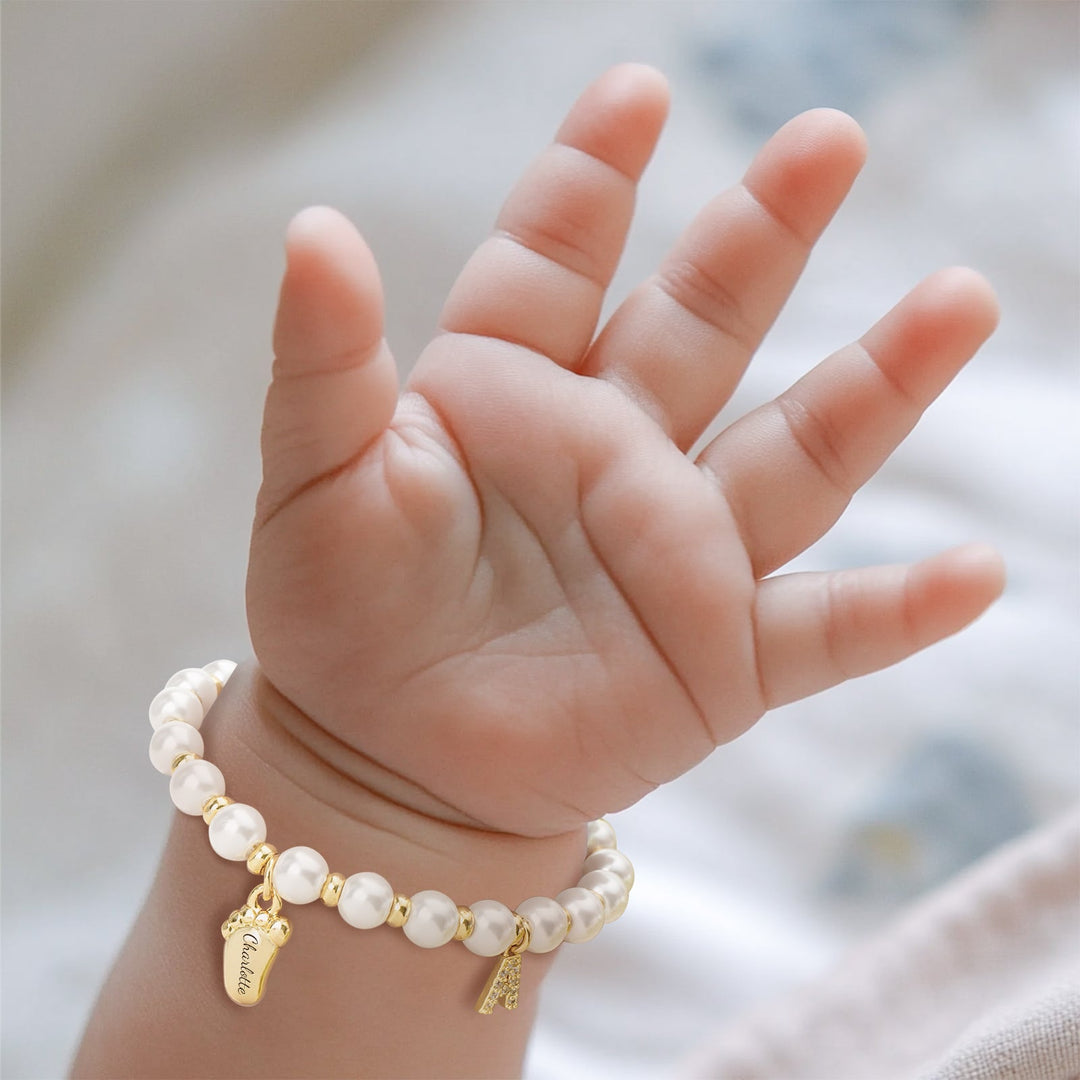 Personalized Baby Name Pearl Bracelet with Foot & Initial Charm – Adjustable Keepsake Gift