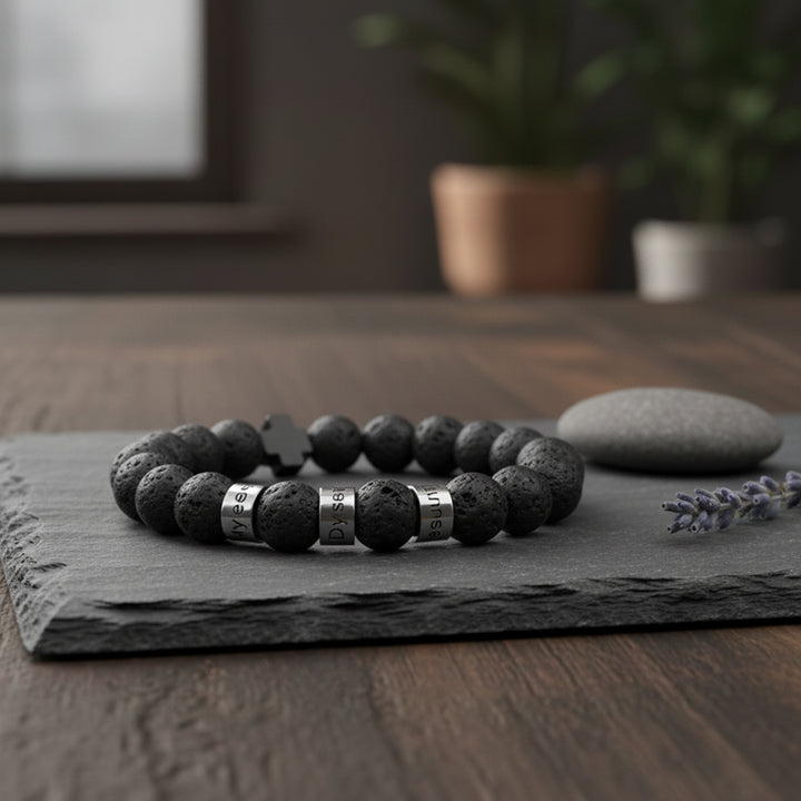 Personalized customizable name men's natural black volcanic stone beaded bracelet