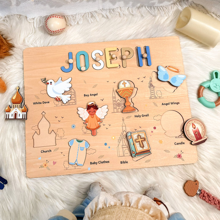 Personalized Baby Boy Christening Wooden Name Puzzle – Custom Baptism Keepsake Gift