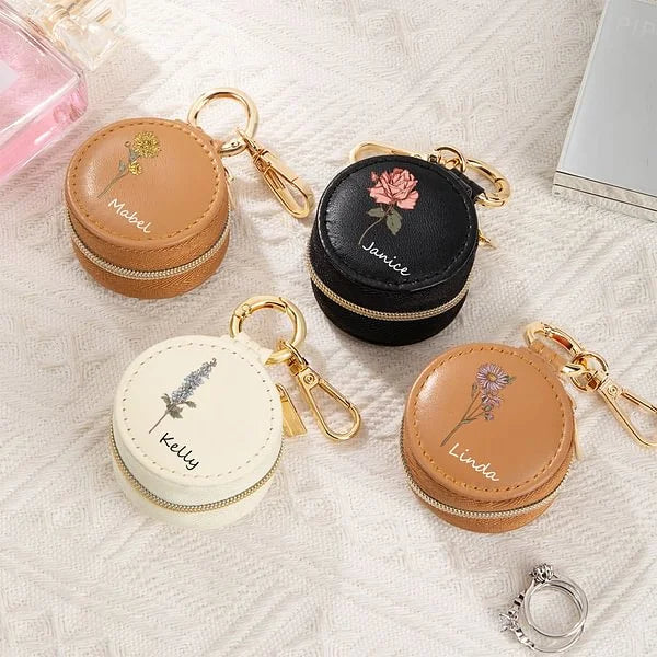 Personalized Birth Flower PU Leather Ring Holder Jewelry Box