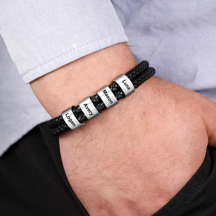 Personalised Braided Leather Bracelet Engraved 5 Names Men's Bracelet for Him