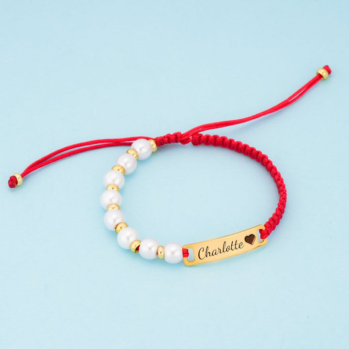 Personalized Pearl & Red Cord Name Bracelet for Girls – Adjustable Hand‑Woven Gift