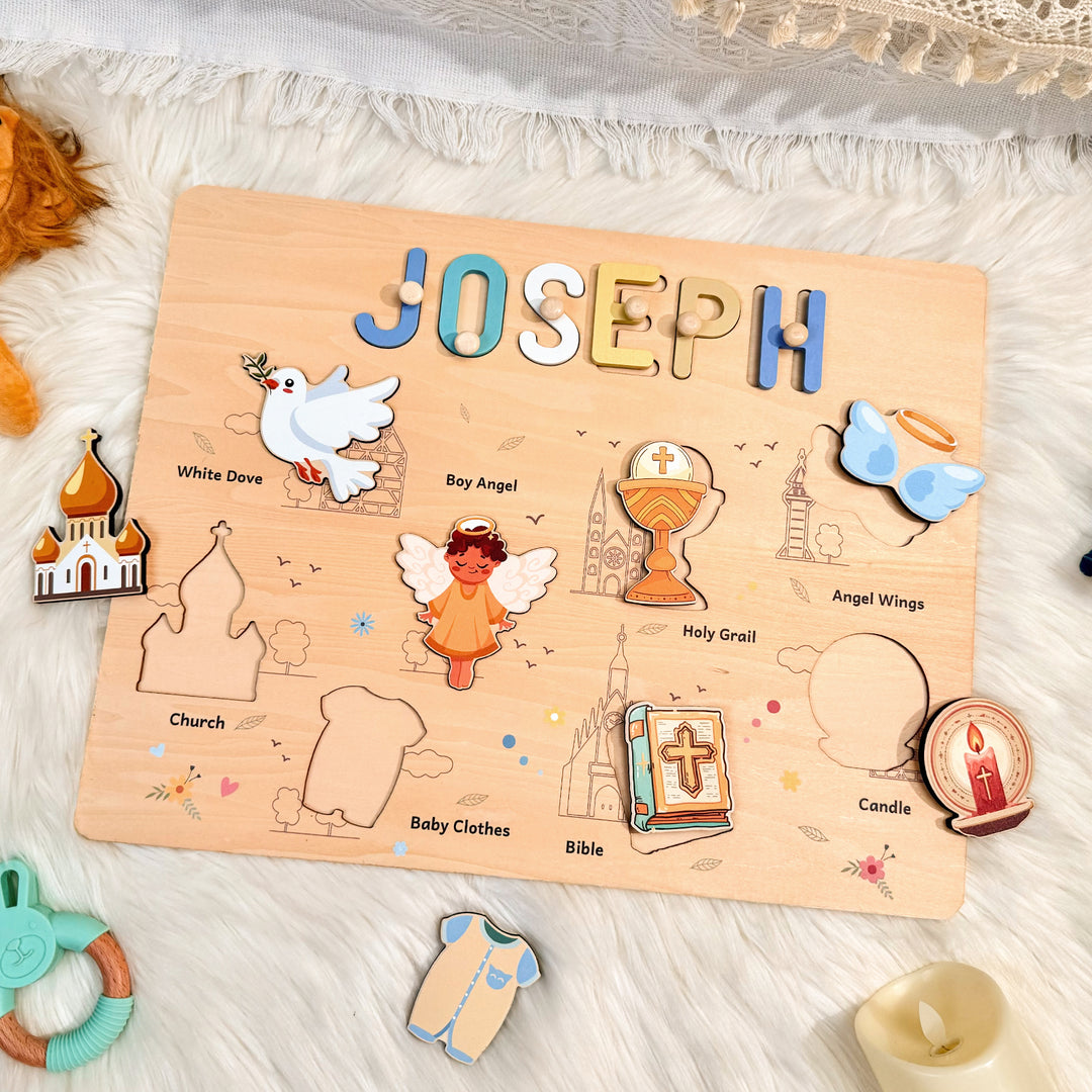 Personalized Baby Boy Christening Wooden Name Puzzle – Custom Baptism Keepsake Gift