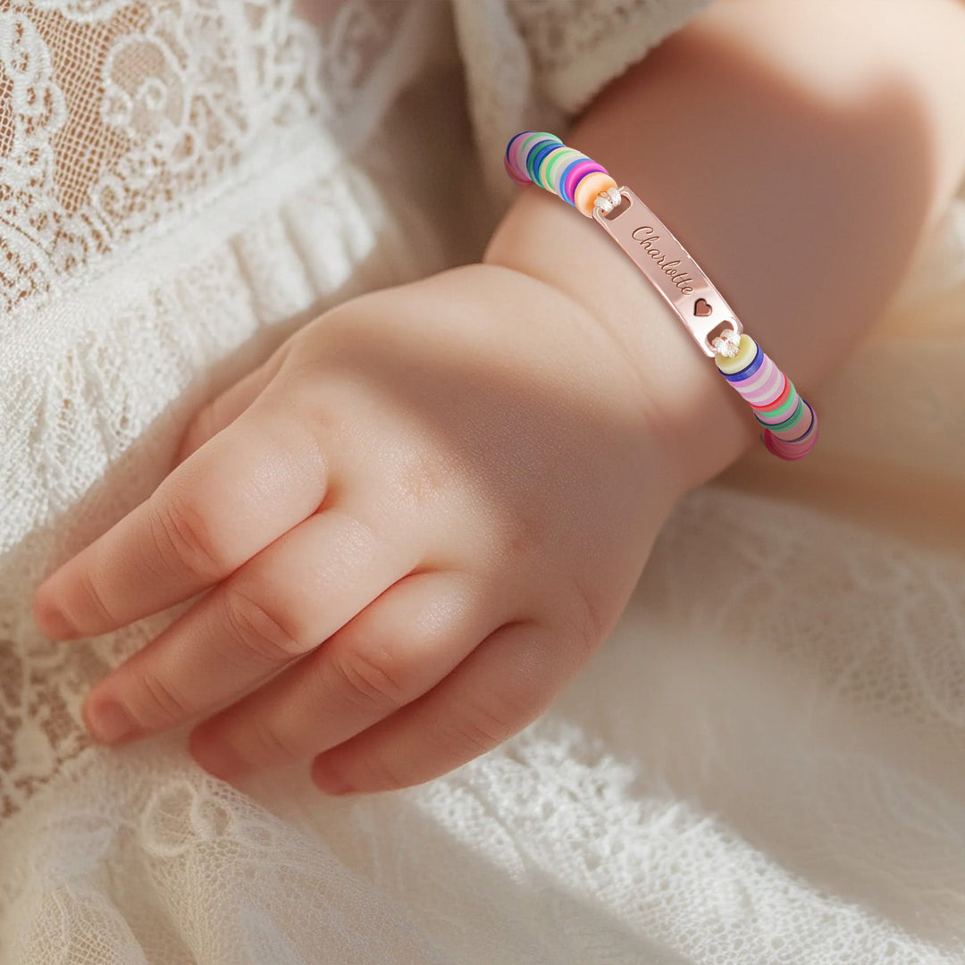 Personalized Baby Girl Name Bracelet with Rainbow Clay Beads – Adjustable Sterling Silver Charm