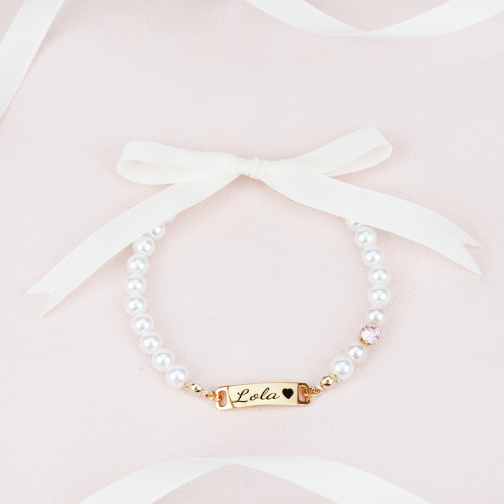 Personalized Baby Name Bracelet with Birthstone and Pearls – Custom Infant Jewelry